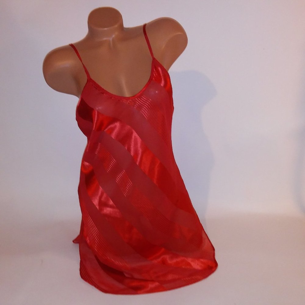 Kristine Tyler Lingerie Chemise Slip Medium Red Stripe Sheer Vintage Preowned  *